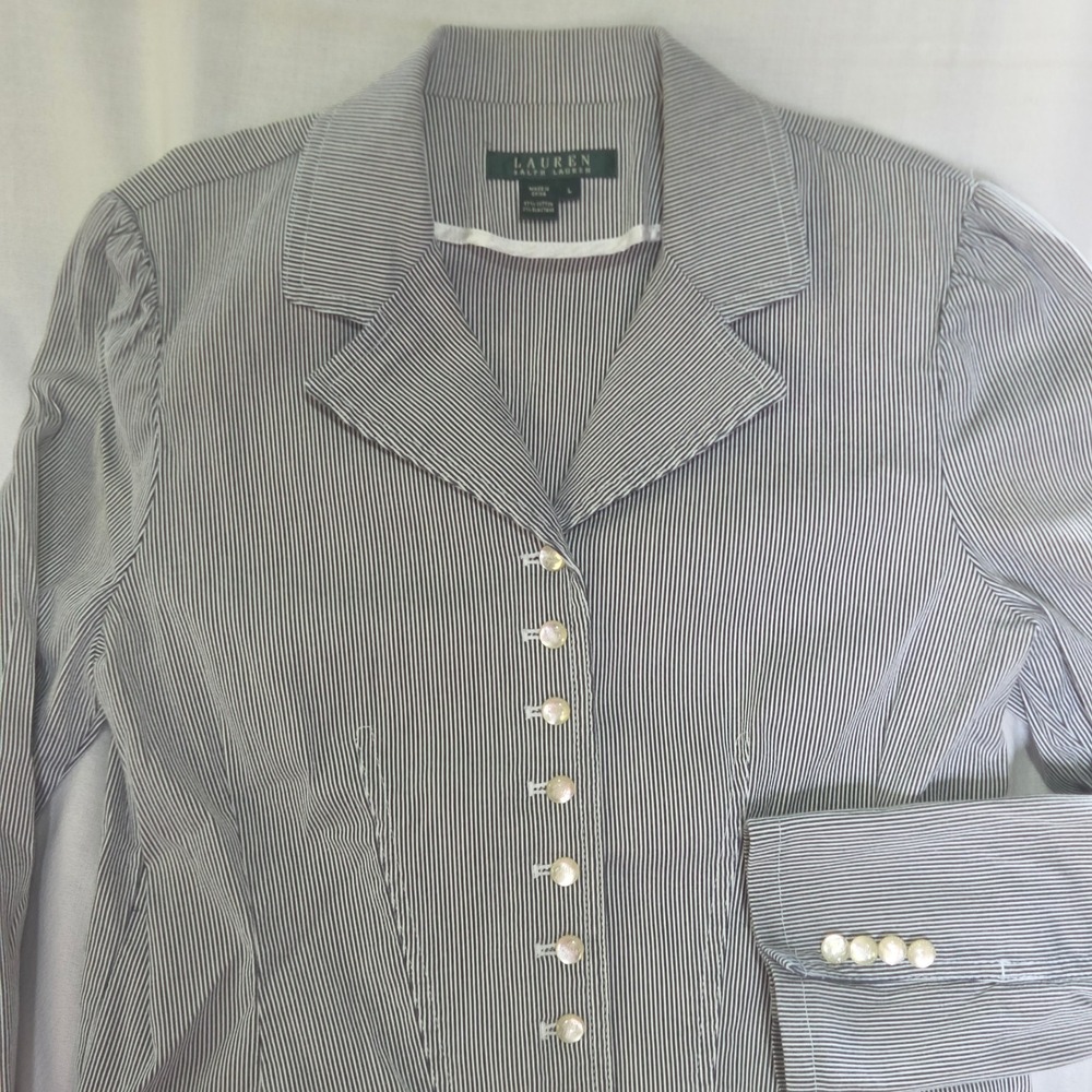 Lauren Ralph Lauren Blazer Women Large Navy White Striped Excellent Tailored - Picture 2 of 10